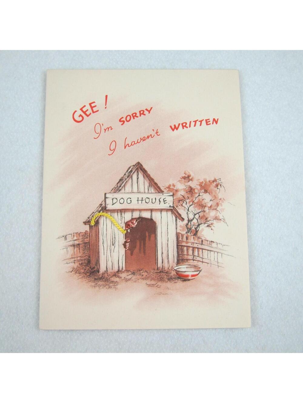Vintage 1940s Greeting Card Funny Dog House Sorry I Haven't Written Golden Bell